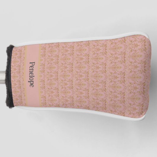 Elegant Monogram Roze en Gouden Damast Golfheadcover (Voorkant)