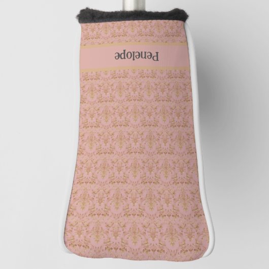 Elegant Monogram Roze en Gouden Damast Golfheadcover (Draai 90)