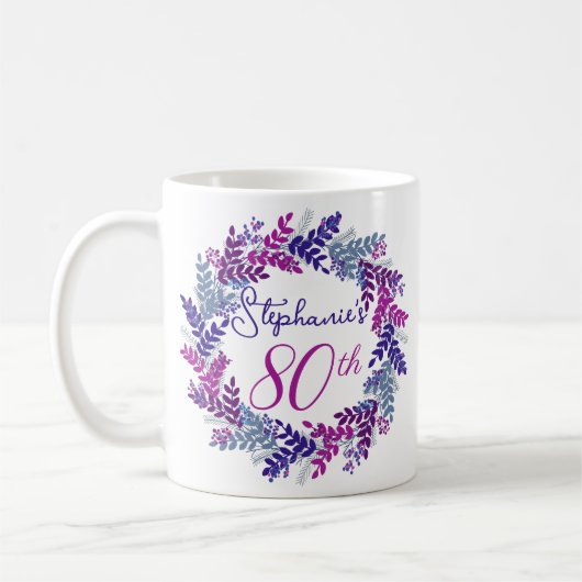 Elegant Monogram Roze en Paarse 80ste Verjaardag Koffiemok (Links)