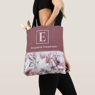 Elegant Monogram Roze en Paarse Floral Botanisch Tote Bag