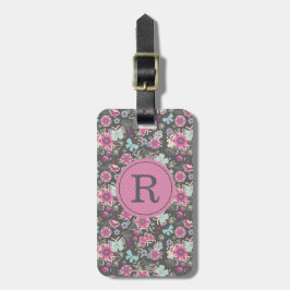 Elegant Monogram Roze Floral Bagagelabel