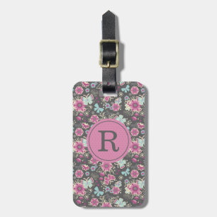 Elegant Monogram Roze Floral Bagagelabel