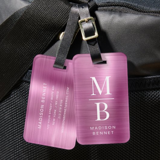 Elegant Monogram Roze Geborsteld Metaal Bagagelabel