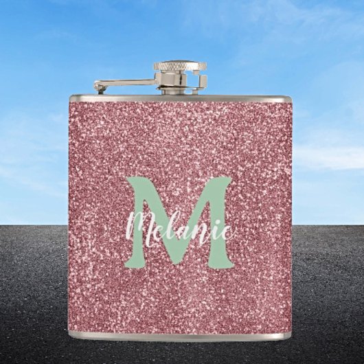 Elegant monogram roze glitter heupfles