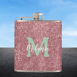 Elegant monogram roze glitter heupfles