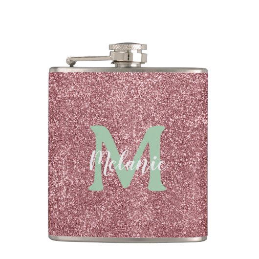 Elegant monogram roze glitter heupfles (Voorkant)