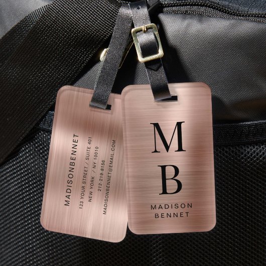 Elegant Monogram Roze Goud Geborsteld Metaal Bagagelabel