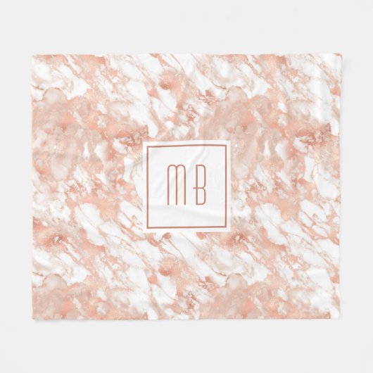 Elegant Monogram Roze Goud Witte Marmer Fleece Deken (Voorkant (Horizontaal))