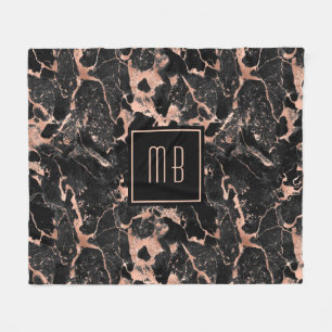 Elegant Monogram Roze Goud Zwarte Marmer Fleece Deken
