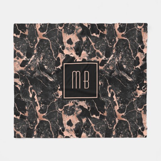Elegant Monogram Roze Goud Zwarte Marmer Fleece Deken (Voorkant (Horizontaal))