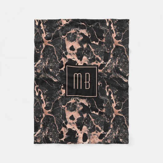 Elegant Monogram Roze Goud Zwarte Marmer  Fleece Deken (Voorkant)