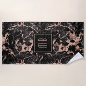 Elegant Monogram Roze Goud Zwarte Marmer Strandlaken (Voorkant)