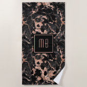 Elegant Monogram Roze Goud Zwarte Marmer Strandlaken (Voorkant)