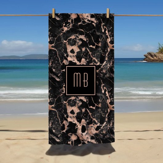 Elegant Monogram Roze Goud Zwarte Marmer Strandlaken