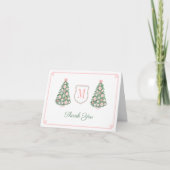 Elegant Monogram Roze Groen Kerst Baby Shower Bedankkaart (Voorkant)
