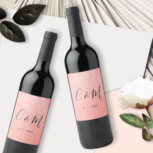 Elegant Monogram roze - Oranje Glitter Wedding Wijn Etiket