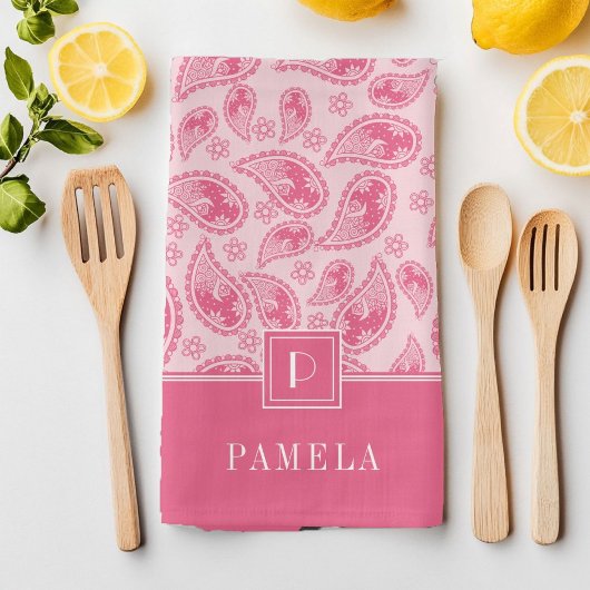 Elegant monogram roze patroon theedoek