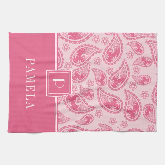 Elegant monogram roze patroon theedoek (Horizontaal)