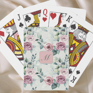 Elegant Monogram Roze Rose  Bloemen Pokerkaarten