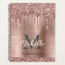 Elegant Monogram Roze Rose Goud Glitter Drips 2024