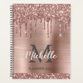 Elegant Monogram Roze Rose Goud Glitter Drips 2024 Planner