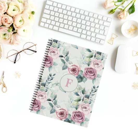 Elegant Monogram Roze Rozen Bloemen Notitieboek