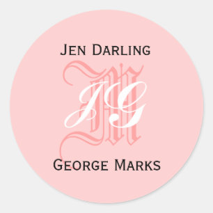 Elegant Monogram Roze, Zwart, Wit Huwelijkszegel Ronde Sticker
