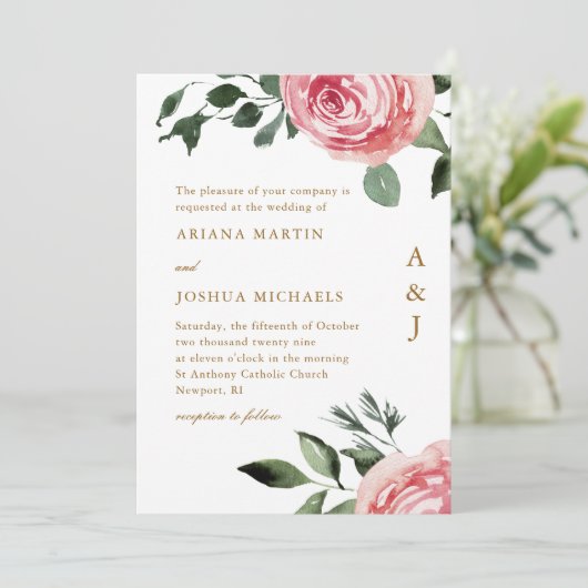 Elegant Monogram Rozen Weddenschap Kaart (Staand voorkant)