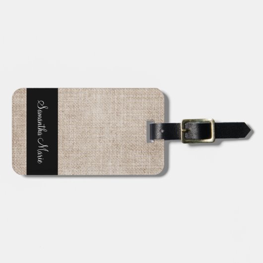 Elegant Monogram Rustic Beige Linen Bagagelabel (Voorkant horizontaal)