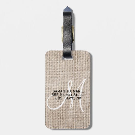 Elegant Monogram Rustic Beige Linen Bagagelabel (Achterkant verticaal)