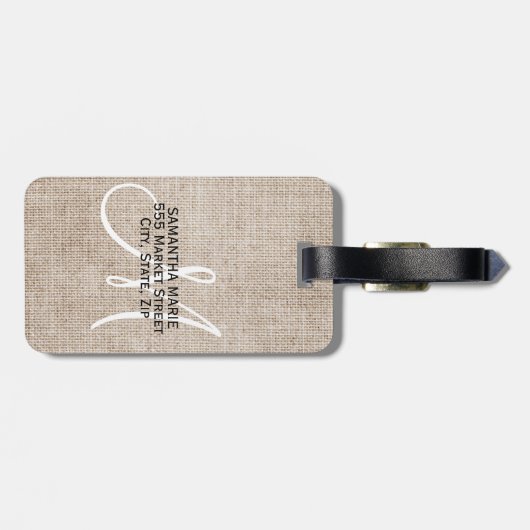 Elegant Monogram Rustic Beige Linen Bagagelabel (Achterkant horizontaal)