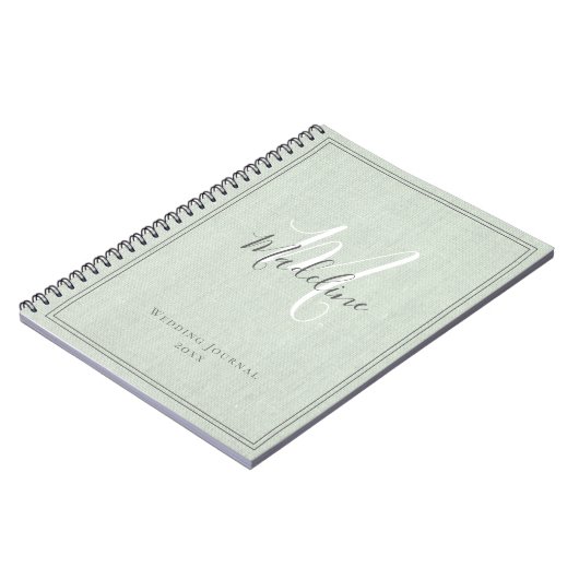 Elegant Monogram Rustic Sage Green Linen Journal Notitieboek (Linkerzijde)