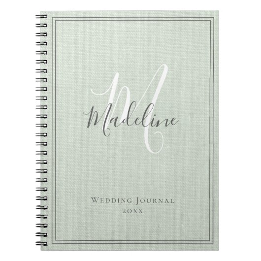 Elegant Monogram Rustic Sage Green Linen Journal Notitieboek (Voorkant)