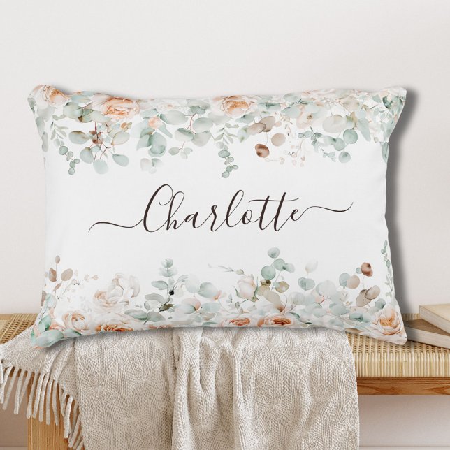 Elegant Monogram Rustiek Roos Bloemengroen Accent Kussen (In situ)