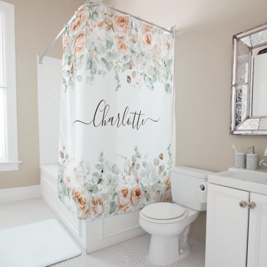 Elegant Monogram Rustiek Roos Bloemengroen Douchegordijn (In situ)