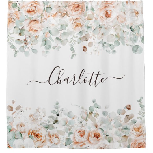 Elegant Monogram Rustiek Roos Bloemengroen Douchegordijn (Voorkant)
