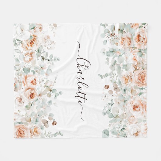 Elegant Monogram Rustiek Roos Bloemengroen Fleece Deken (Voorkant (Horizontaal))