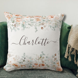 Elegant Monogram Rustiek Roos Bloemengroen Kussen