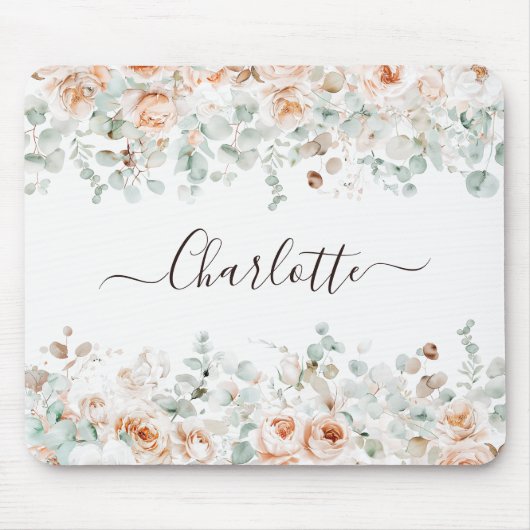 Elegant Monogram Rustiek Roos Bloemengroen Muismat (Voorkant)