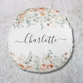 Elegant Monogram Rustiek Roos Bloemengroen Rond Kussen