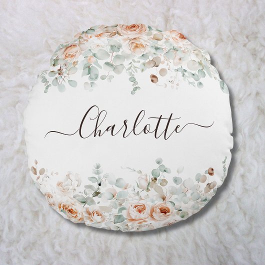 Elegant Monogram Rustiek Roos Bloemengroen Rond Kussen