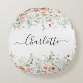 Elegant Monogram Rustiek Roos Bloemengroen Rond Kussen (Voorkant)