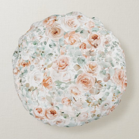 Elegant Monogram Rustiek Roos Bloemengroen Rond Kussen (Achterkant)