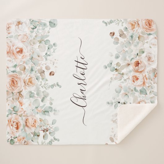 Elegant Monogram Rustiek Roos Bloemengroen Sherpa Deken (Voorkant (horizontaal))
