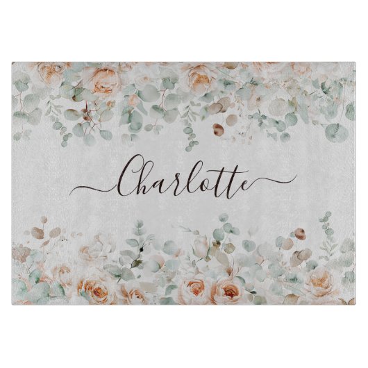 Elegant Monogram Rustiek Roos Bloemengroen Snijplank (Voorkant)