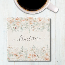 Elegant Monogram Rustiek Roos Bloemengroen Stenen Onderzetter