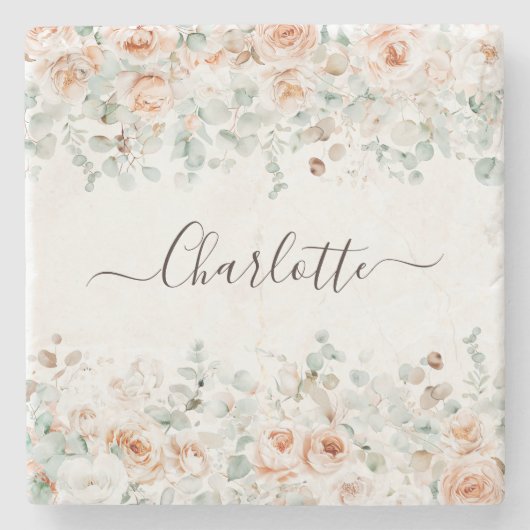 Elegant Monogram Rustiek Roos Bloemengroen Stenen Onderzetter (Voorkant)