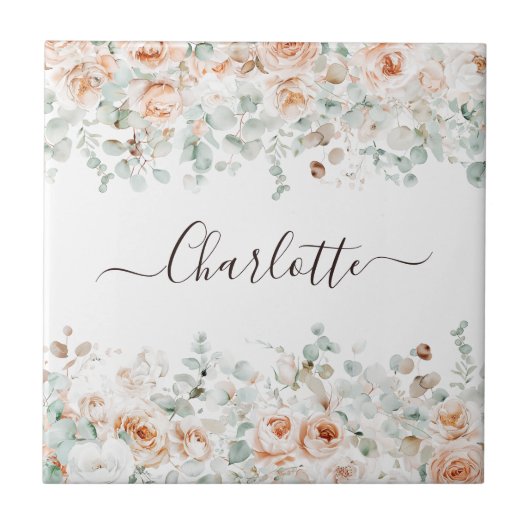 Elegant Monogram Rustiek Roos Bloemengroen Tegeltje (Voorkant)