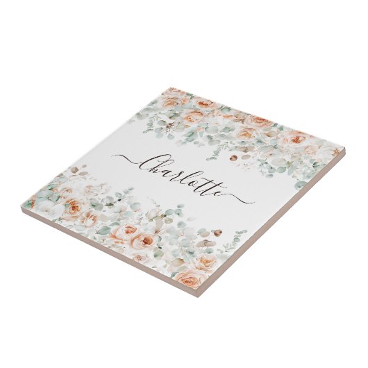 Elegant Monogram Rustiek Roos Bloemengroen Tegeltje (Zijkant)