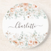 Elegant Monogram Rustiek Roos Bloemengroen Zandsteen Onderzetter (Voorkant)